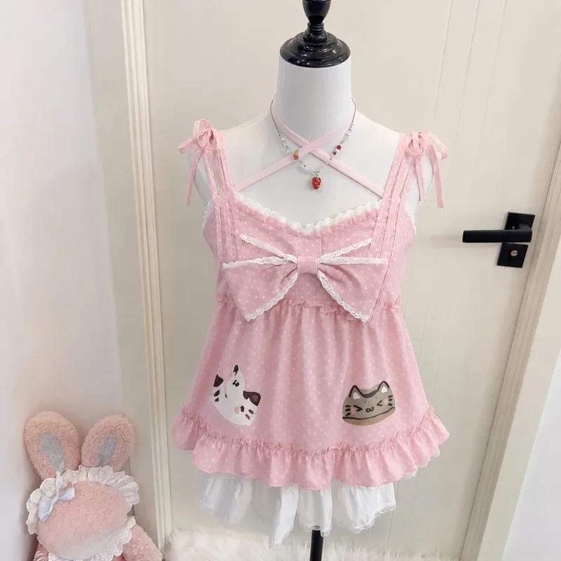 Sweet Japanese Style Tiered Sleeveless Dress with Polka Dots Cute Mini Cake Dress Summer Casual Feminine Outfit for Women New