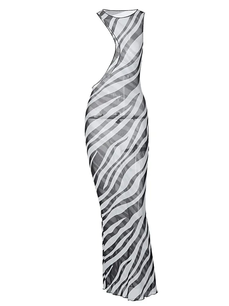 Zebra Print Long Beach Dress Cover-Ups Sexy Transparent Mesh Maxi Dress Striped Cut Out Bodycon Vacation Summer Dress Women 2023 — image 5