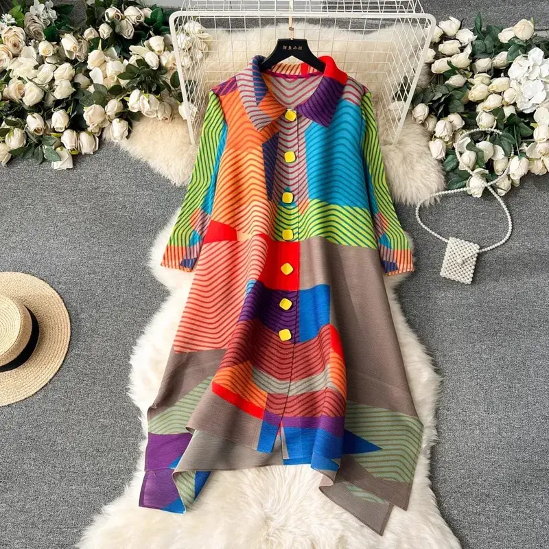 Miyake Pleated Drape Dress Women 2024 Jaro Léto Colorblock Potisk Klopa 3/4 rukáv Jednořadé módní košilové šaty — image 2