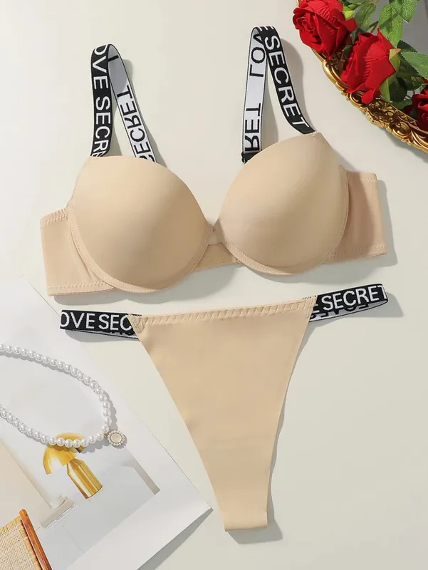 Viomisha Sexy Bras Set Push Up Bra with Letter Shoulder Strap Women Solid Everyday Underwear Panty Set Daily Lingerie Outfit S-L