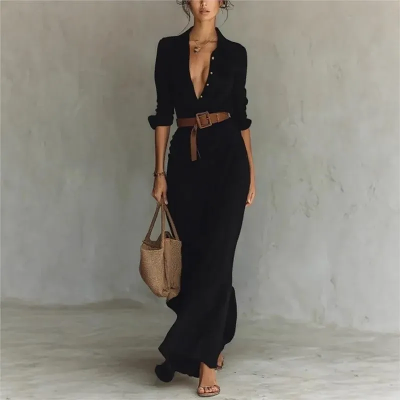 Damesmode effen vakantie feestjurk elegante revers knoop gedrapeerde lange jurk casual lange mouw match met riem shirtjurk — image 2