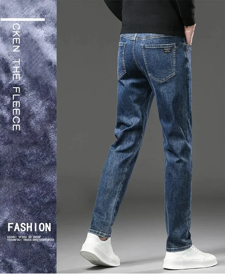 Winter Fleece Thick Warm Jeans Men's Slim Straight Elastic Denim Pants Casual Male Clothing Fashion Plush Trousers — image 5
