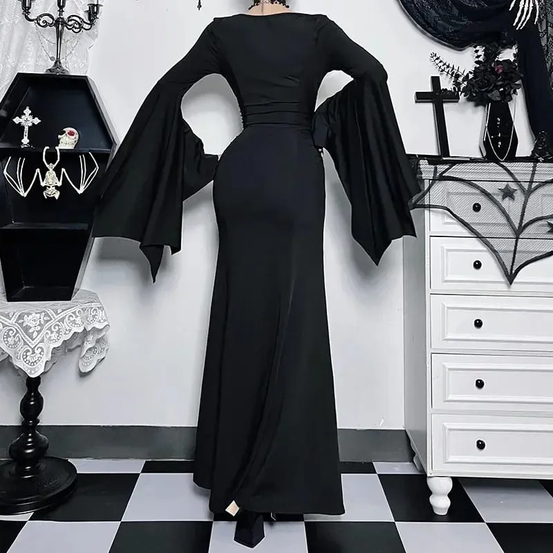 Halloween Costume Women Batwing Sleeve Floor Dress Black Gothic Evil Terror Maxi Mistress Morticia Addam Family Outfit For Adult — image 5