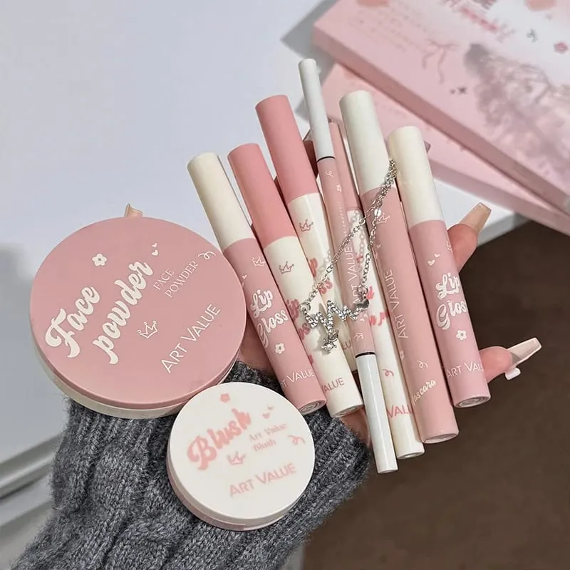 ART VALUE Makeup Set Include 4 Lip Glaze 1 Pressed Powder 1 Blush 1 Eyeliner 1 Eyebrow Pencil 1 Mascara With Necklce Cosmetics — image 5