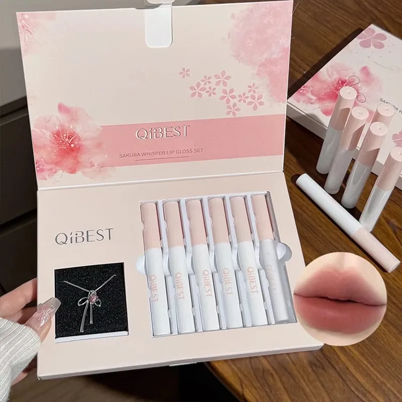 6Pcs/Box Matte Lipstick Sets And Mirror Watery Lip Glaze Lasting Lip Makeup Sets Moisturizing Lipgloss Necklace Gift — image 3