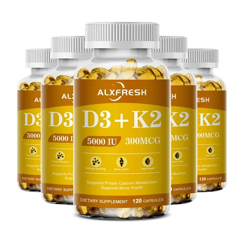 Vitamin D3+K2 5000 IU 300 MCG Vitamins Capsules | Non-GMO Vegan Nutural Gluten-free | Health Supplement