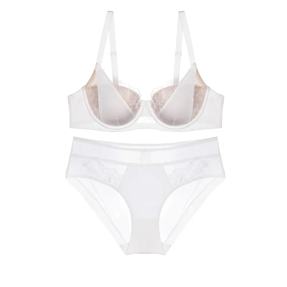 Big Bust D Cup Plus Size Color Block Lace Bra Set Thin Cup Full Coverage Brassiere Lingerie Set Curvy Women Underwear