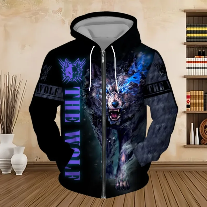 Sweatshirt Hoodie Lelaki Musim Bunga dan Musim Luruh Cetakan Digital 3D Siri Harimau Zip up Hoodies Fesyen Baju Sweat Peribadi untuk Lelaki — image 1