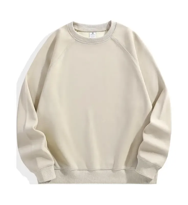 600g Men's 100% Cotton Oversized Sweatshirt for Winter Solid Beige Batwing Sleeve Heavyweight Fleece Crew Neck Thermal Hoodies