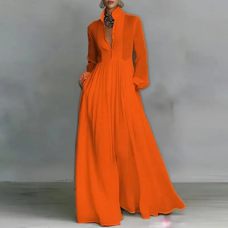Robe longue française élégante, taille haute, balançoire, poches solides, plissée, Maxi, manches longues, boutons, robe de soirée, printemps, automne — image 6