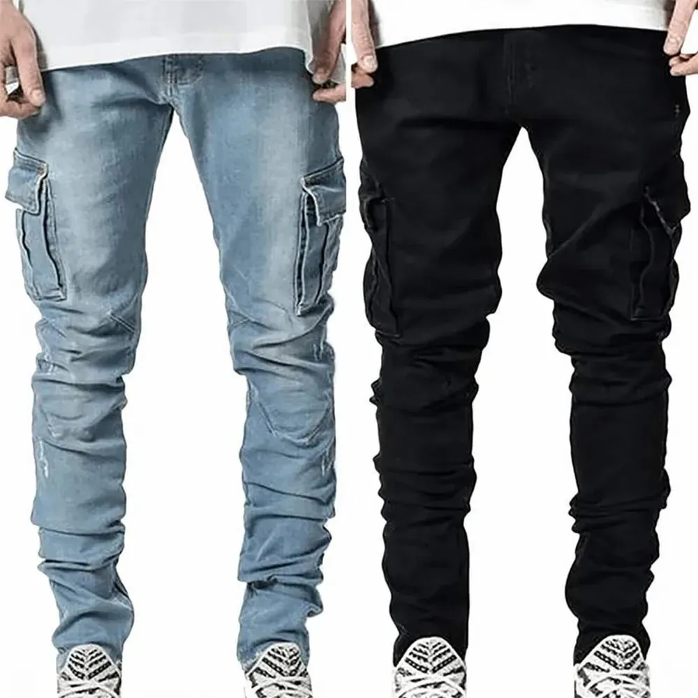 Street Elastic Jeans Men Denim Cargo Pants Wash Solid Color Multi Pockets Casual Mid Waist Trousers Slim Fit Daily Wear Joggers — image 7