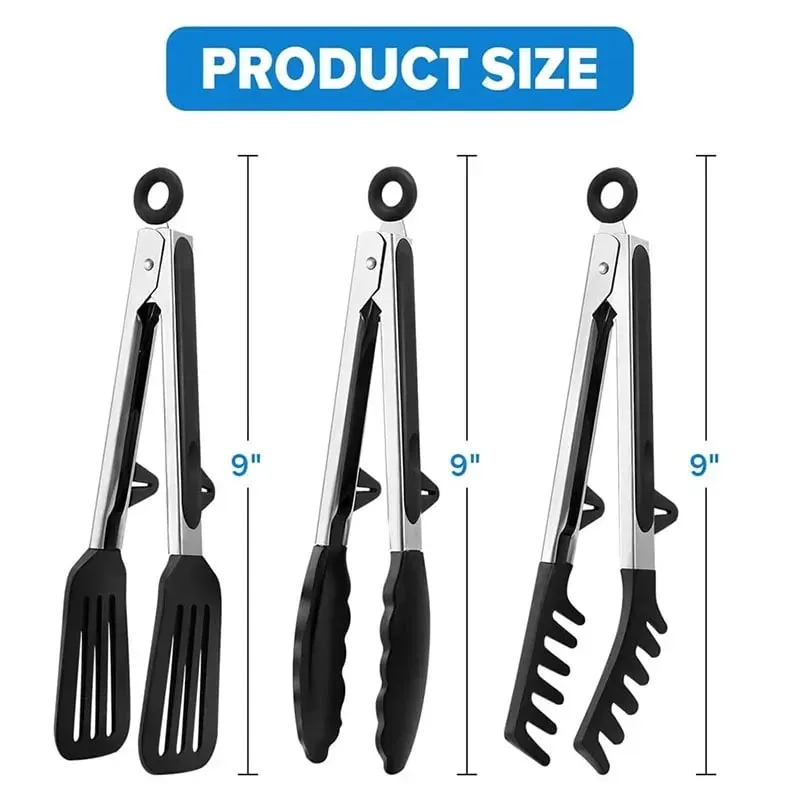3pcs Silicone Kitchen Cooking Tongs Set Stainless Steel Nonstick Food Tongs Non-Slip Cooking Clip Clamp BBQ Salad Grill Tools