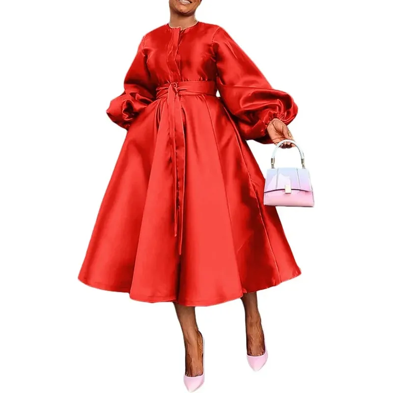 Satin Puff Sleeve Evening Dress for Women Pleated A-Line Round Neck Elegant Party Club Casual Solid Midi Dress with Belt 2025 — image 11