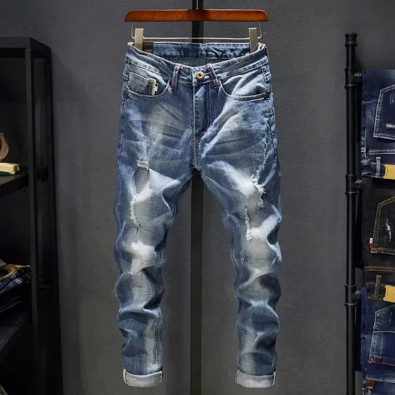 American Elastic Straight Jeans Men Ripped Worn-out Slim-fit Cotton Denim Pants Korean Style Fashion Blue Black Men's Clothing — image 11