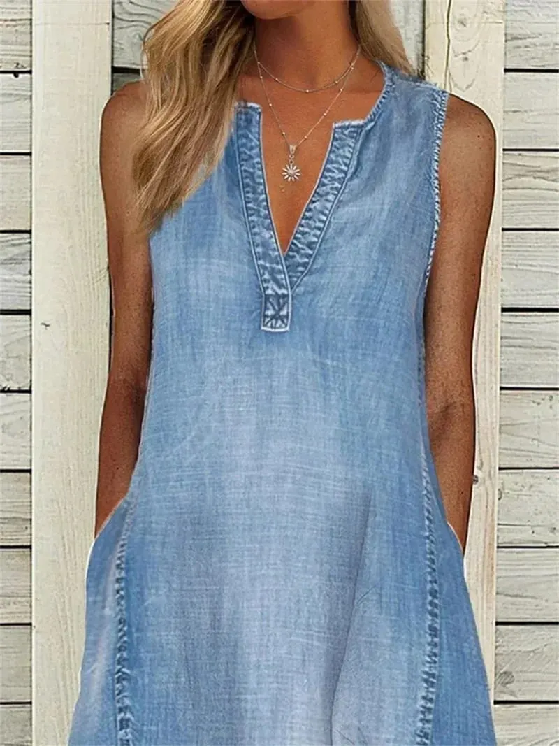 Women Side Double Pocket Deep V Neck Pullover Dress Thin Denim Sleeveless Dresses 2024 Summer Casual Female Office Commuter Gown — image 2