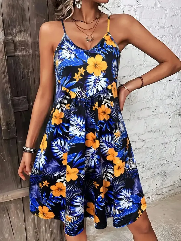 Summer Vacation Style Print V-Neck Spaghetti Strap Dress Camisole Dress for Vacation Outfits Bohemia Dresses for Women Summer — image 6