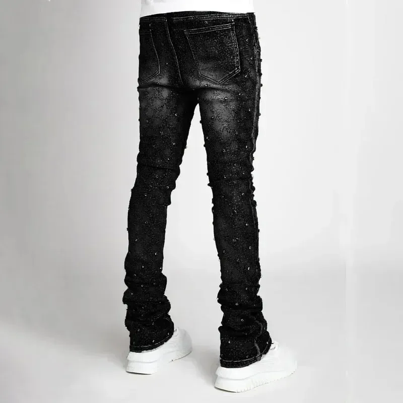 Personality Stacked Jeans for Men Slim Fit Stretchy Pearls Denim Laminated Pants for Men Fashion Straight Man's New Jeans — image 3