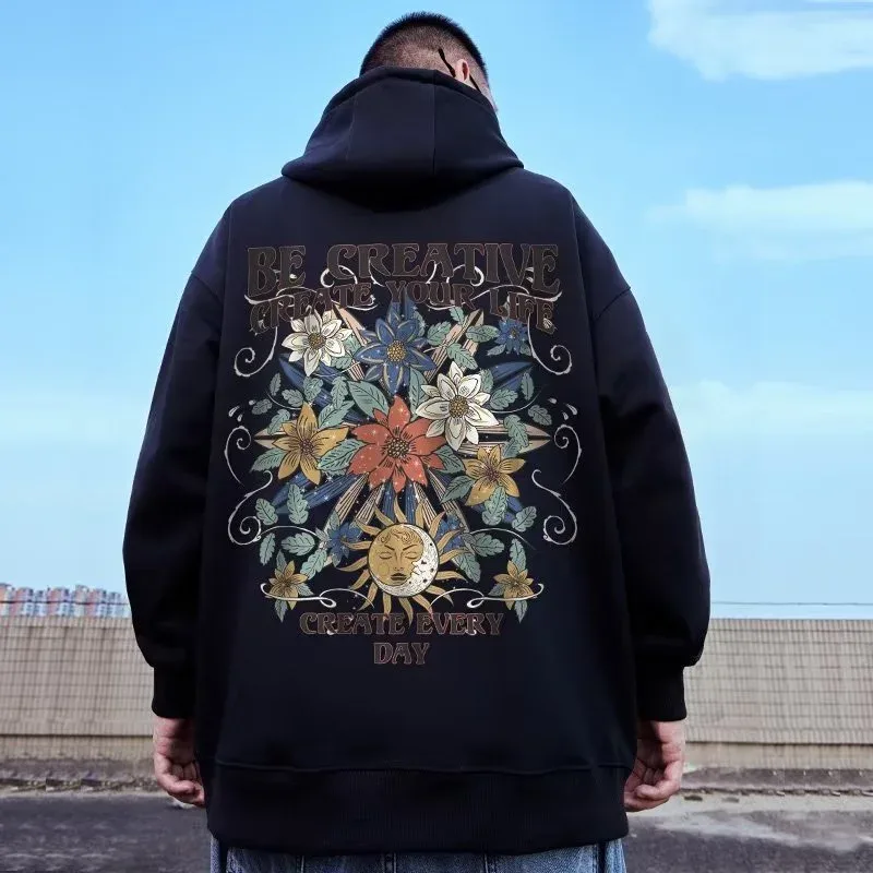 M-8XL Oversized hoodies Herr American Sun Moon Flower Print Oversized hoodie Lös hoodie Students stor huvtröja — image 1