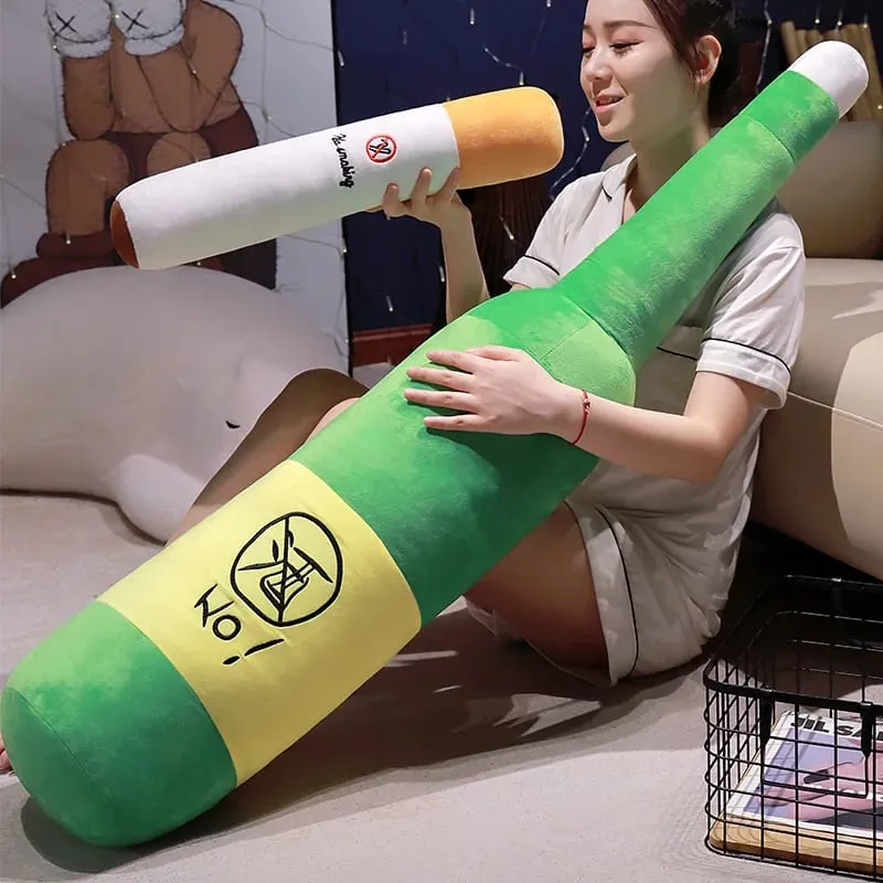 30/50cm No Smoking Cigarette Green Wine Bottle Stuffed Plush Toy Creative Funny Like Real Man Plushie Prop Gift