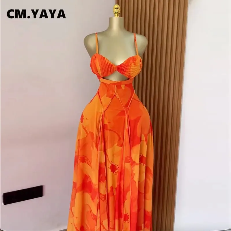 CM.YAYA Women Floral Printed Strap Backless Bra Front Big Swing Maxi Long Dress 2025 Vintage Sexy Club Party Evening Dresses — image 2
