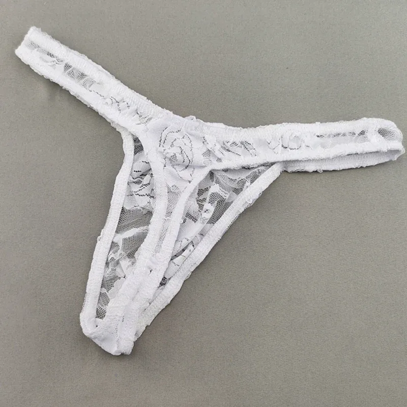 Lace Floral Sexy Men's Underwear Solid Hollow Perspective Thong Comfort Bugle Enhance Sissy G-String Gay Low Rise T-back Panties — image 10