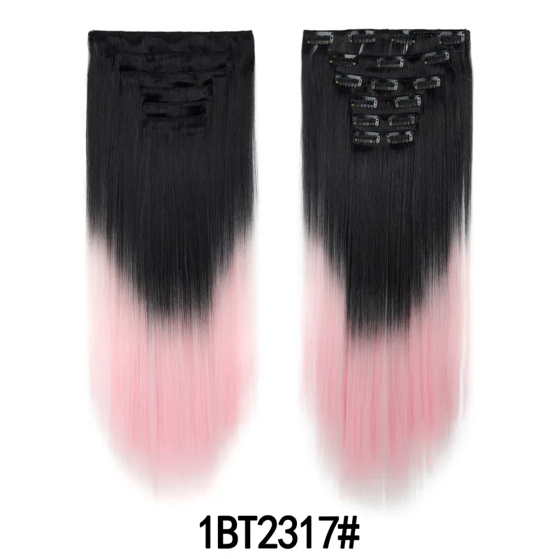 6 ks 24palcových Ombre Color Clip-in prodloužení vlasů Dlouhé syntetické rovné příčesky Vrstvené měkké neviditelné Clip In prodloužení — image 15