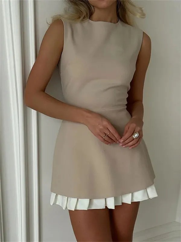 Lady Office Commute High street Mini Dress Elegant Patchwork Pleated Short Dress For Women Fashion Slim Sleeveless Vestidos 2025