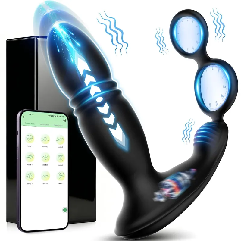 Double Penis Ring 3 IN 1 Wireless Remote Telescopic Anal Vibrator Dildo Male Prostate Massager Adults Sex Toys For Men Couple
