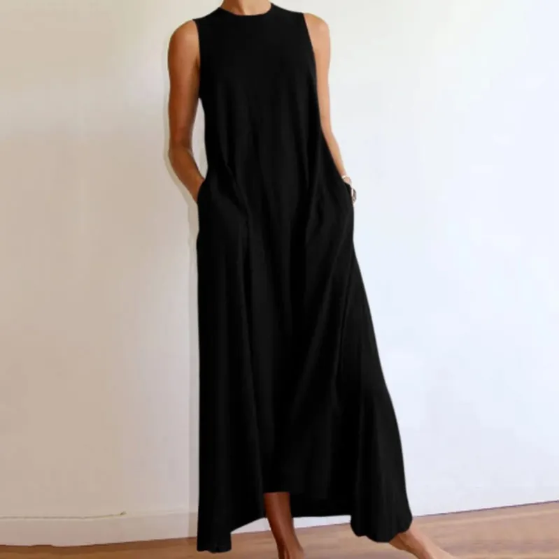 Women's Oversized T-Shirt Dresses Round Neck Sleeveless Beach Maxi Cover Up with Pockets Summer Vacation Long Beach Dress