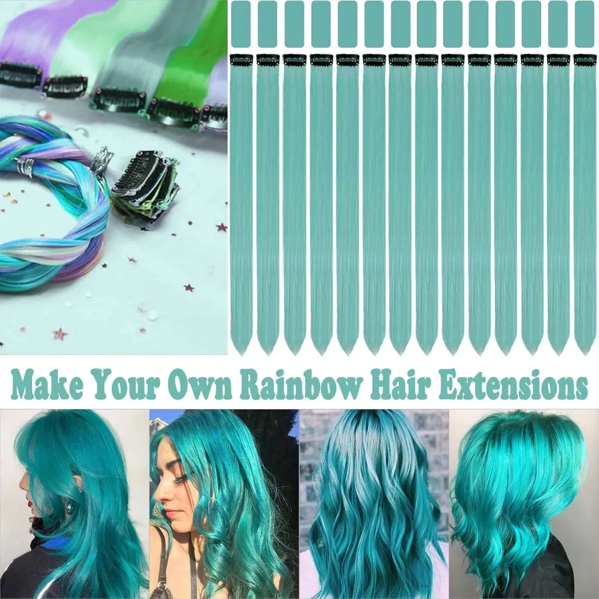 14 Buah Klip Ekstensi Rambut Biru Teal Dalam 22 Inci Aksesori Rambut Pelangi Ekstensi Sorotan Neon Sintetis Pesta Berwarna — image 2