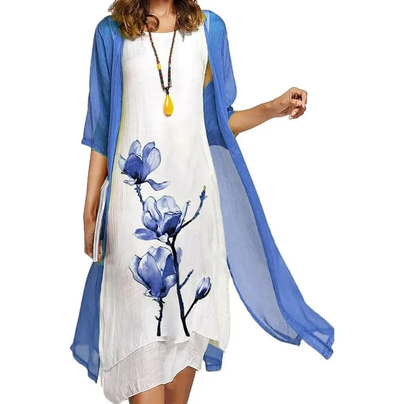 2025 new! Eu-us Summer Women's casual elegance 2 printed crew-neck loose dress sweater coat set — image 5