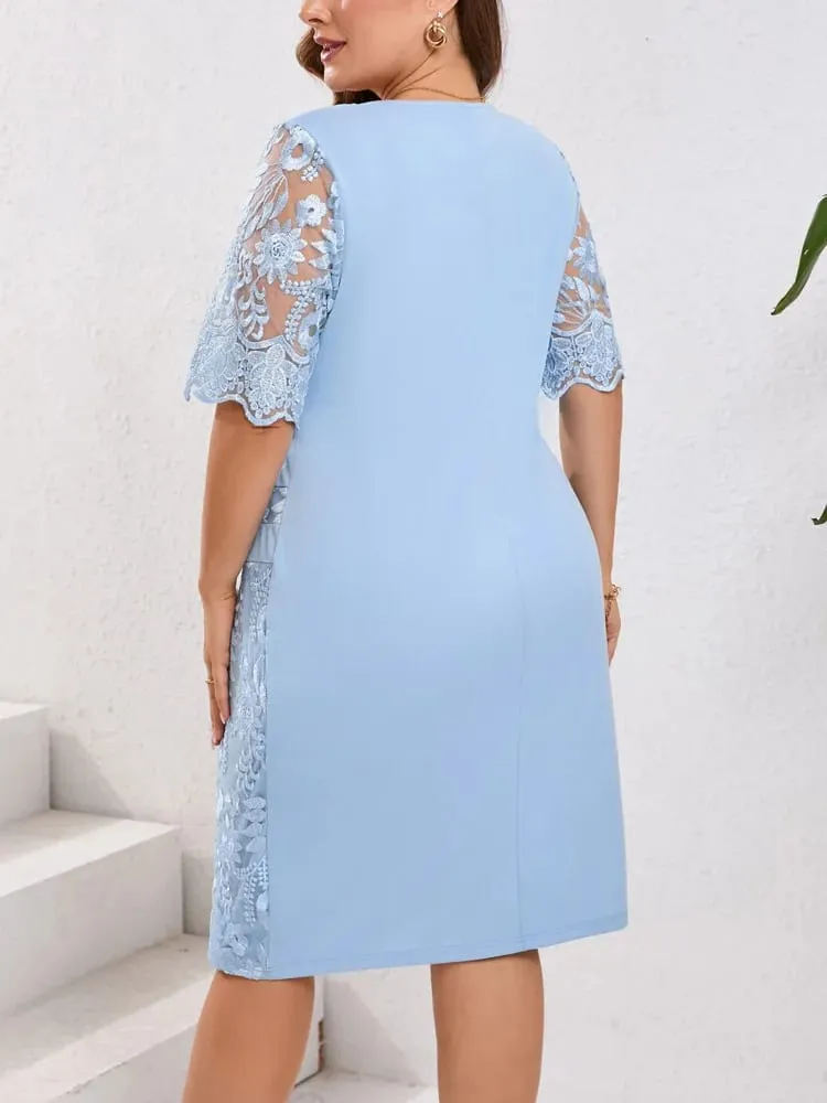 Plus Size Embroidered Lace Half Sleeve O-Neck Dress Women's Summer Autumn Cocktail Party Elegant Bodycon Midi Dresses — image 3