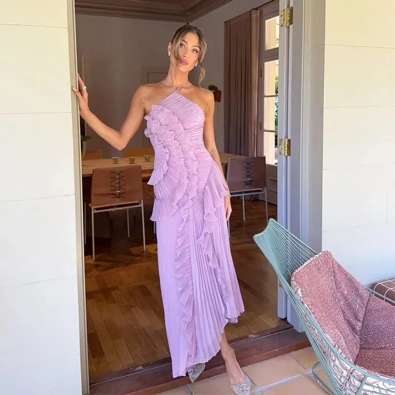 Gown Neck Strap Irregular Long Dress For Women Ruffle Sleeveless High Waist Backless Dresses 2025 New Summer Elegant Party Y2k