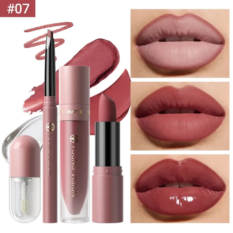 Set 4Pcs Lip Makeup Kit Liner Lipstick Liquid Lip Oil 8 Colors Optional Matte Velvet Lip for Daily Party Makeup — image 12