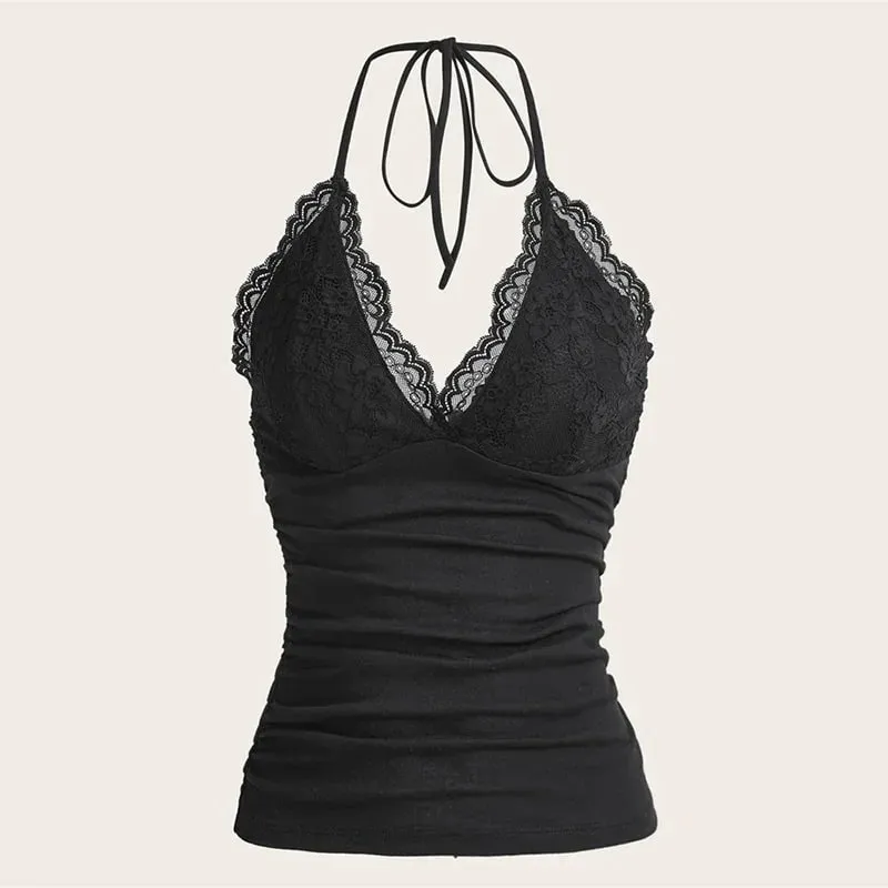 Goth Grunge Punk Black Lace Patchwork Halter Top Women Summer Solid Ruched Backless Sleeveless Tank Top Streetwear Y2K Clothes — image 8