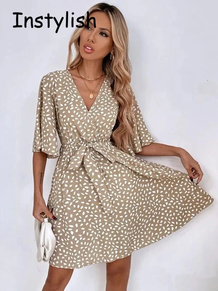 Casual Dot Print Mini Dress with Belt Elegant Chic Half Sleeve V Neck A Line Sundress Vintage Harajuku Short Dress Beach Party — image 6