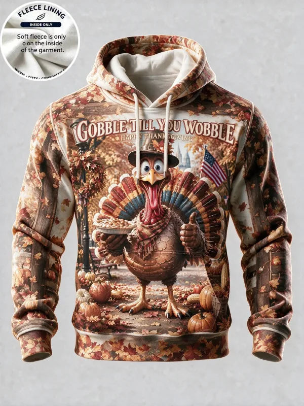 3D Print Thanksgiving Fleece-hættetrøje Kalkun Festmiddag Full Print Pullover Langærmet Kængurulomme Holiday Sweatshirt