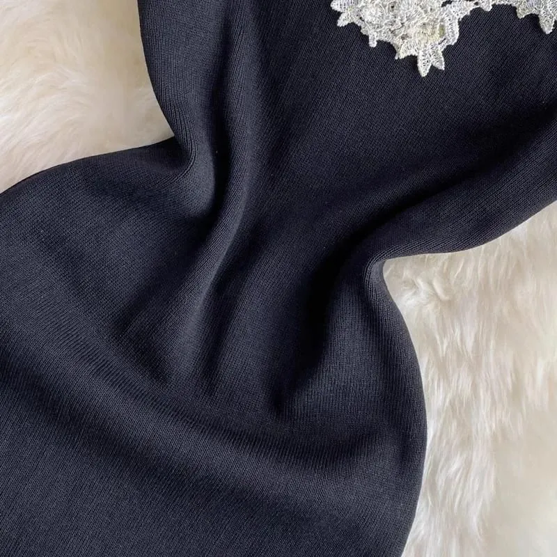 2024 Sexy Backless Lace Patchwork Knitted Split Summer Dress Women Black Mini Party Dress Bodycon Sheath night Club Outfits — image 3