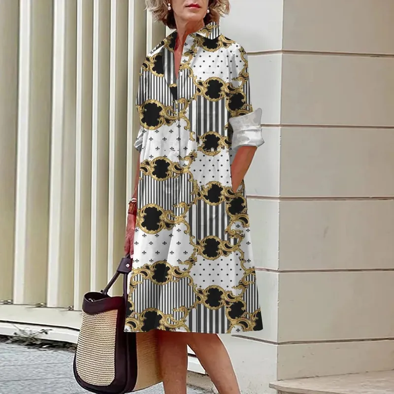 2024 Elegant Ladies Long Sleeve Shirt Dress Lapel Button Exquisite Printing Mid-Length Dress Casual Loose Commuter Shirt Dresses — image 2
