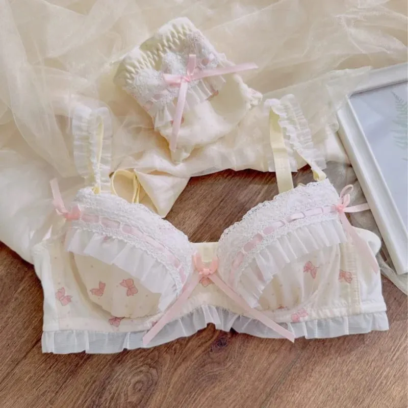 Nippon's Pure Desire Cute Princess Style Thin Cup Bra Set Print Cute Bow Bra Comfortable Lace Underwear Underwear Gothic
