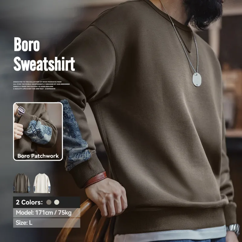 Maden Vintage Boro Patchwork Sweatshirt Casual Round-Neck Tops Men's Classic Pullover for Spring and Autumn Fashion Streetwear — image 5