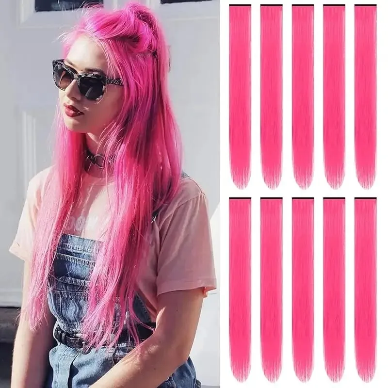 1 5 11 Pcs/lot Clip in Hair Extensions Multi-Colors Highlights Synthetic Hair 22 inch Rainbow Hairpieces for Girls Women Kids — image 19