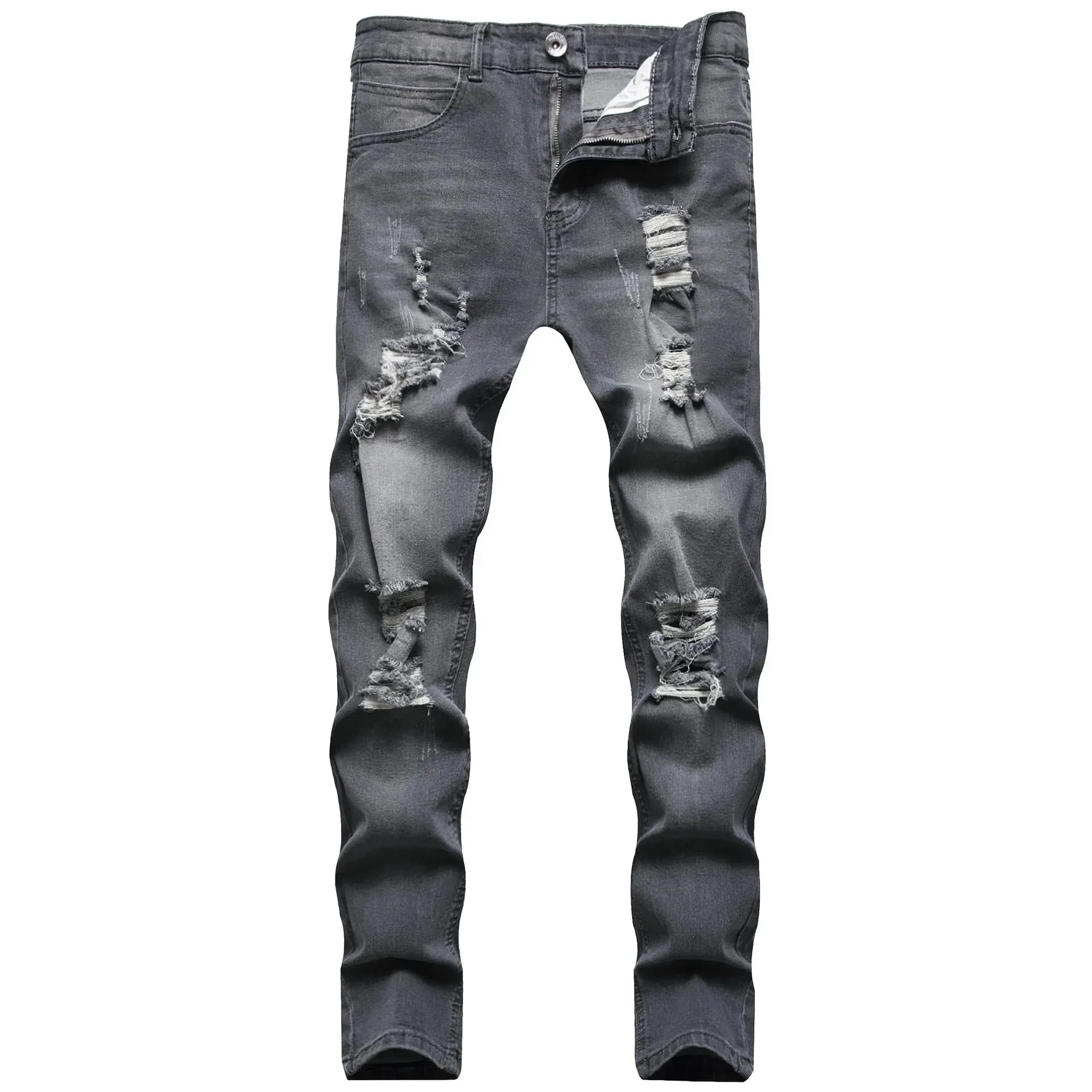 Jeans Men Hole Distressed Pencil Pants Slim Fit Vintage Zipper Fly Pockets Solid Colour Washed Denims Ankle Length Trousers — image 2