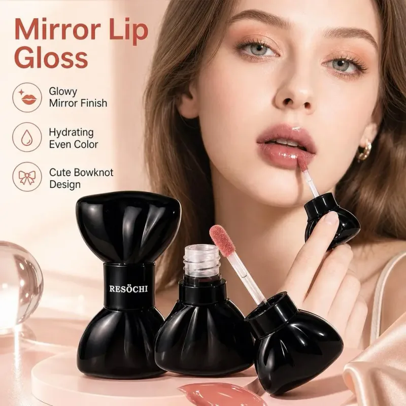 Tomato Red Jelly Mirror Lip Glaze Pink Mirror Crystal Lip Gloss Cute Bowknot Hydrating Liquid Lipstick Moisturizing Beauty Lips