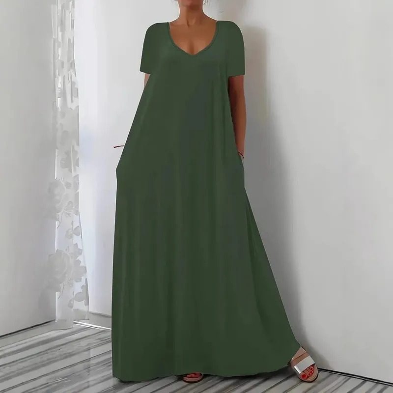 Plus Size Letnia nowa długa spódnica, swobodna, luźna, jednokolorowa sukienka z krótkim rękawem i dekoltem w kształcie litery V, plus size dla kobiet — image 3