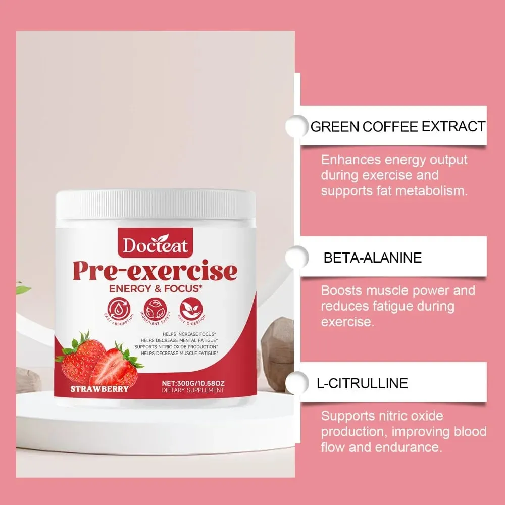 Docteat Pre Workout Powder Strawberry Energy & Focus Support Beta-Alanin L-Citrullin Rhodiola 300 g 30 Portionen Getränkemischung — image 5