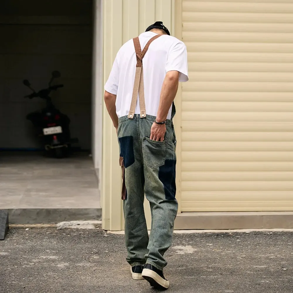 Men Big Multi Pockets Bib Overalls Vintage Blue Distressed Denim Cotton Cargo Jeans Adjustable Suspenders Coveralls Dungarees — image 2