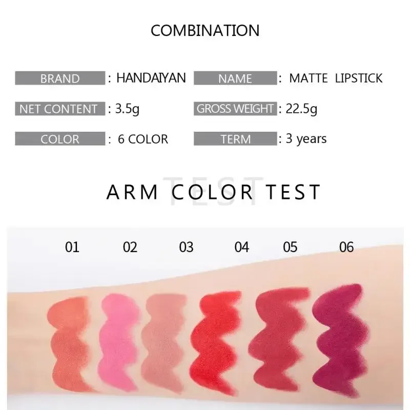 Moisturizing Matte Lipstick 6 Shades Long Lasting Non Transfer Nude Lip Gloss HANDAIYAN Cosmetics For Ladies — image 3