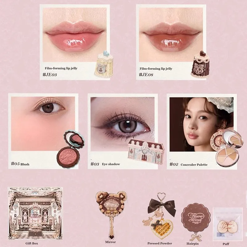 Flowerknows THE SWEETIE BEAR COLLECTION ชุดของขวัญแต่งหน้า All In คอนซีลเลอร์ Palette Blush Setting Powder Lip Jelly ของขวัญกล่องกระจก