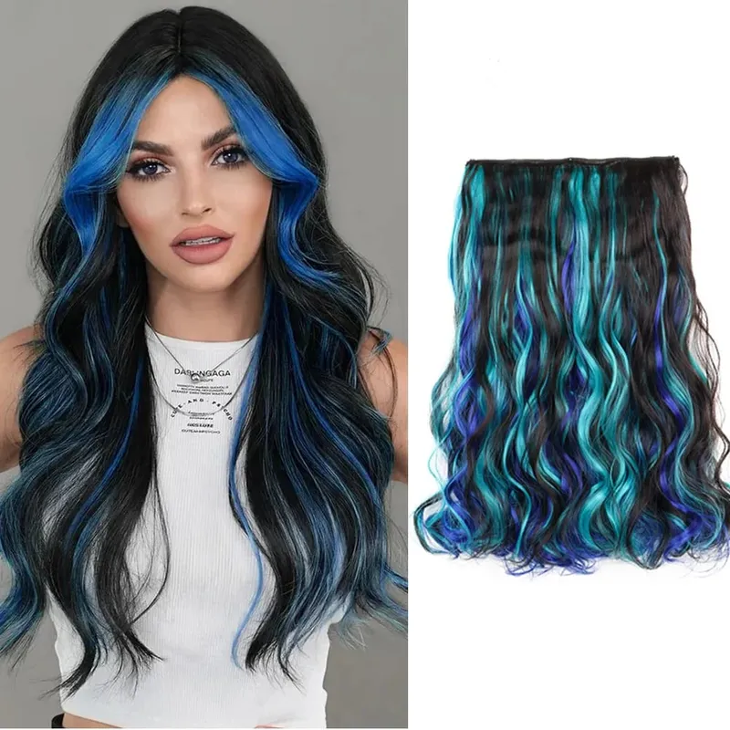Synthetic 5Clip in Hair Curly Extension 18 Inch Curly Black Mix Blue Highlights Thick Hairpieces Fiber Hair for Women — image 9